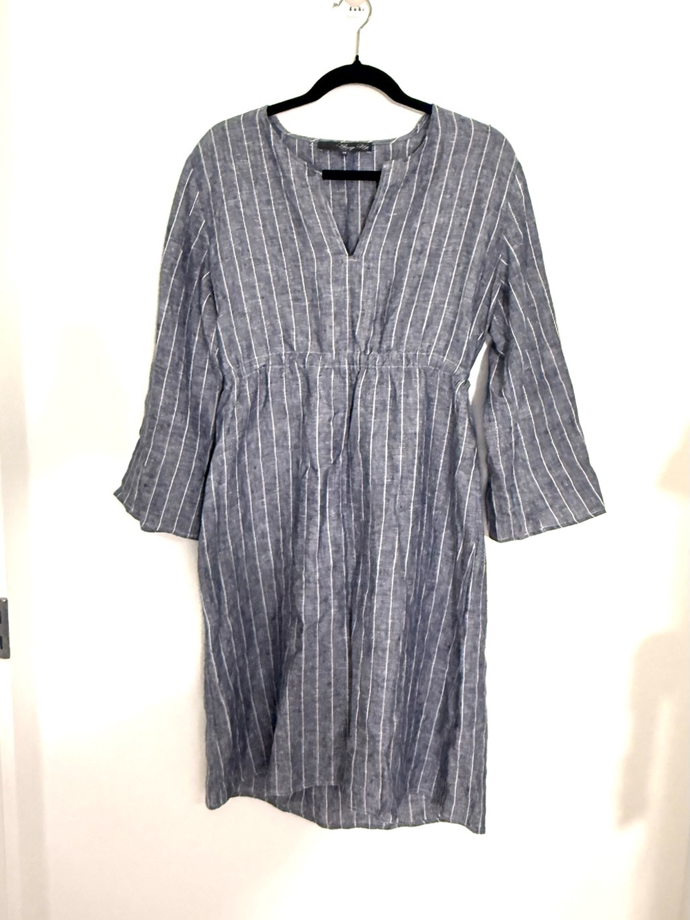 Claridge + King Striped Blue White Midi Linen Dress V-Neck Cottagecore Medium